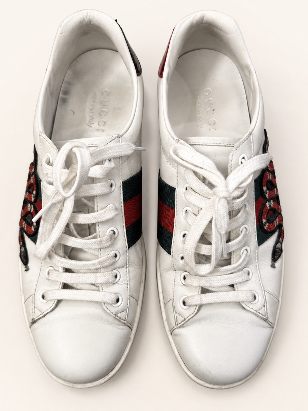 Gucci White Leather Sneakers with Red & Green Stripe and Embroidered Snake